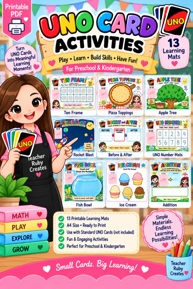 UNO Card Math Activities Bundle | 13 Printable Learning Centers for Preschool, Pre-K & Kindergarten