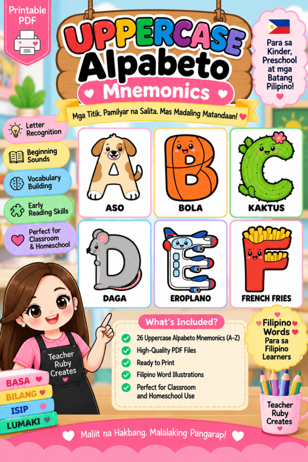 Uppercase Alpabeto Mnemonics | Filipino Words Printable (A–Z)