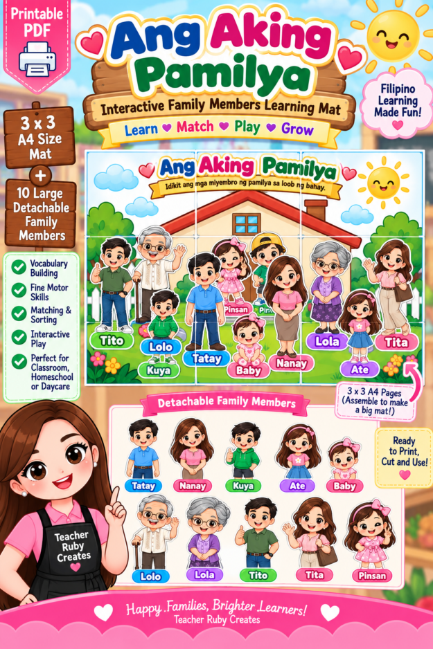 🏡 Ang Aking Pamilya – Interactive Family Members Learning Mat 3×3 A4 Printable Classroom Activity with Large Detachable Family Member Pieces