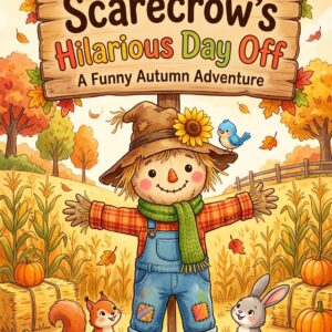 Scarecrow’s Hilarious Day Off children’s storybook cover featuring a cheerful scarecrow in a sunflower hat and blue overalls, surrounded by pumpkins, colorful autumn leaves, and a golden fall landscape.