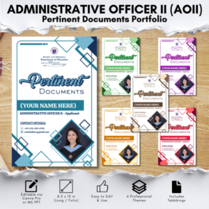 Administrative Officer II Pertinent Documents Portfolio Template | Editable Canva & PowerPoint | 6 Colored Themes with Tabbings | 8.5 × 13 inches