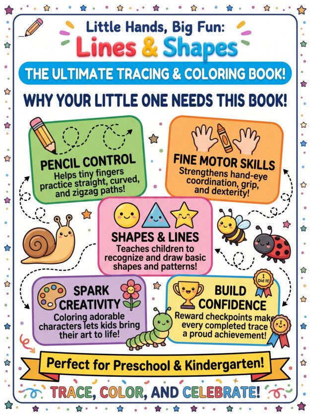Little Hands, Big Fun: Lines & Shapes 🎨 Make early learning fun with this playful tracing and coloring workbook designed for preschoolers ages 3–5!